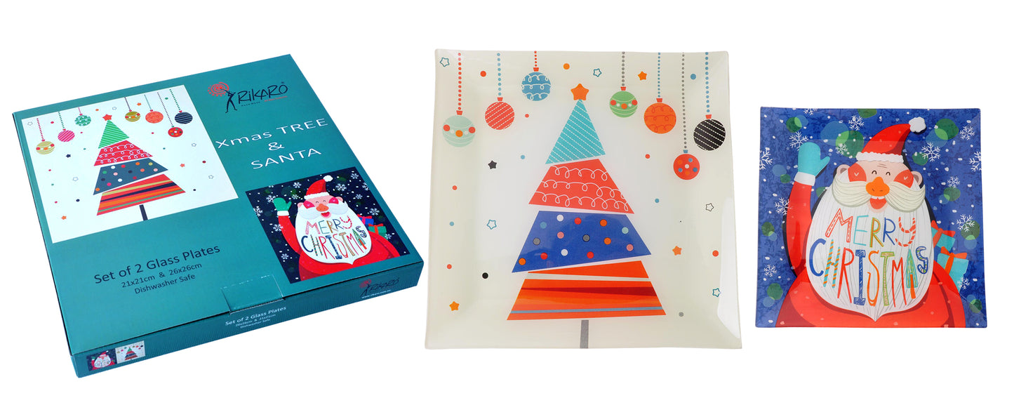 Santa-Tree Set of 2 Glass Plates