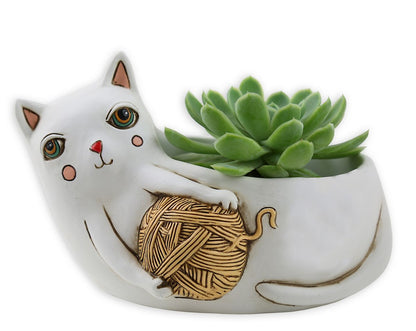 White Cat With Yarn Planter